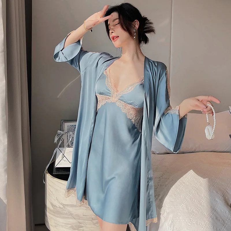 

M-XXL Women Robe Gown Sets 2PCS Sexy Lace Trim Nightdress Kimono Bathrobe Bride Lingerie Sleepwear Casual Loose Home Clothes