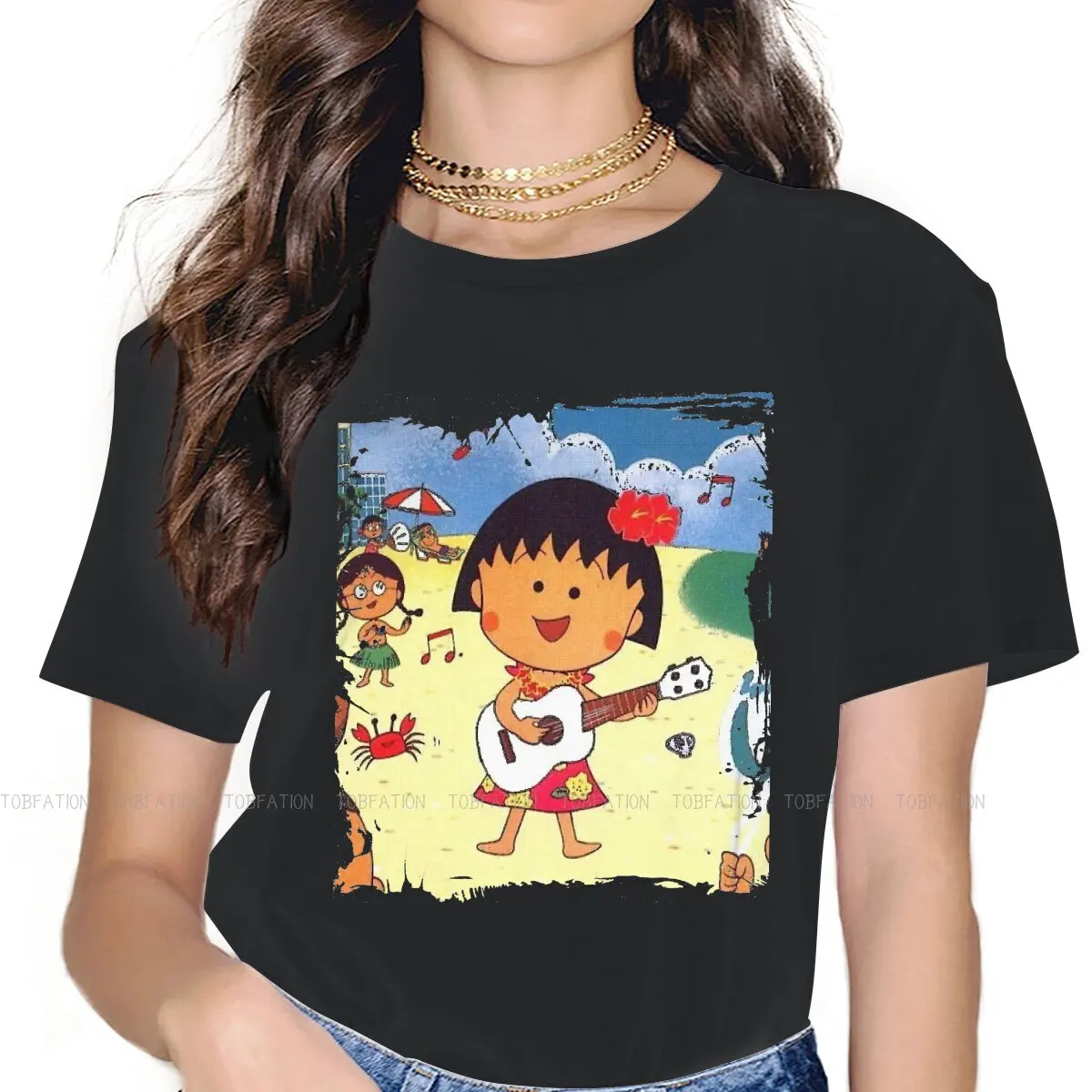 

Playing Guitar Sweet Girls Women T-Shirt Chibi Maruko Chan Anime 5XL Blusas Harajuku Casual Short Sleeve Vintage Oversized Tops