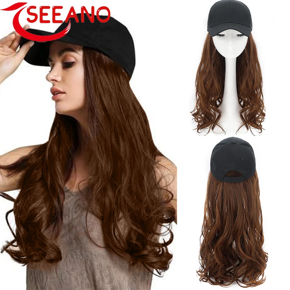 SEEANO Long Synthetic Hat Wig Hair Extension Black One Piece Baseball Cap Ladies Adjustable Hat Wig Heat Resistant Black Brown