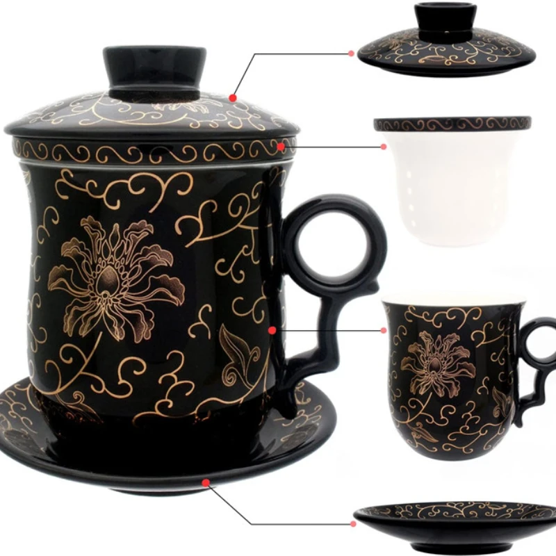 

Porcelain Tea Cup with Infuser Lid and Saucer Sets - Chinese Jingdezhen Ceramics Coffee Mug Teacup Loose Leaf Tea Brewing System