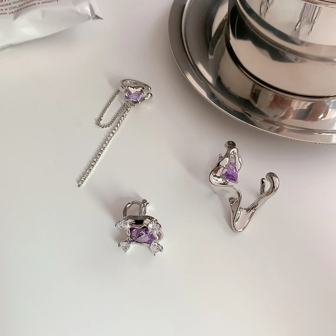 

Hip Hop Purple Crystal Zircon Earrings Charms Silver Color Ear Cuff Fake Piercing Earrings Women Ear Cuff Jewelry Korean Earring
