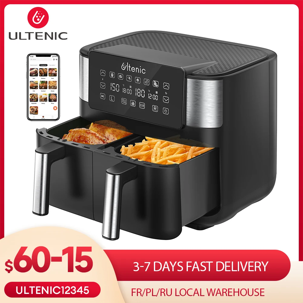 

Ultenic K20 Electric Dual Air Fryers Without Oil 4L X 2 Hot Oil-free Airfryer Fryer Oven with Non-stick Frying Pan for Kitchen