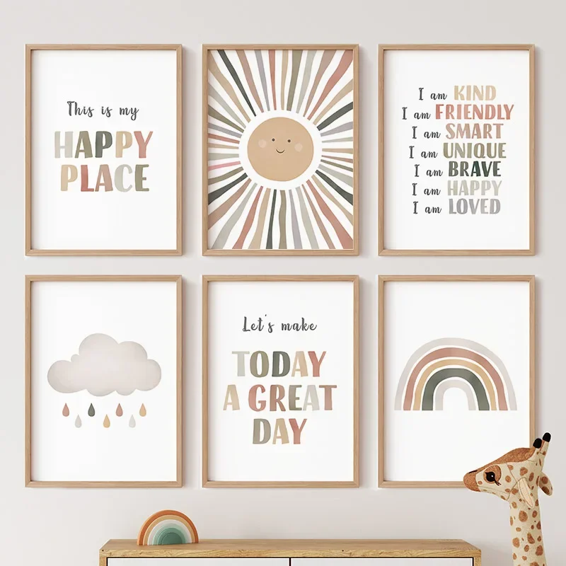 Boho Мультфильм солнце облако Радуга рост цитаты настенное Искусство Холст