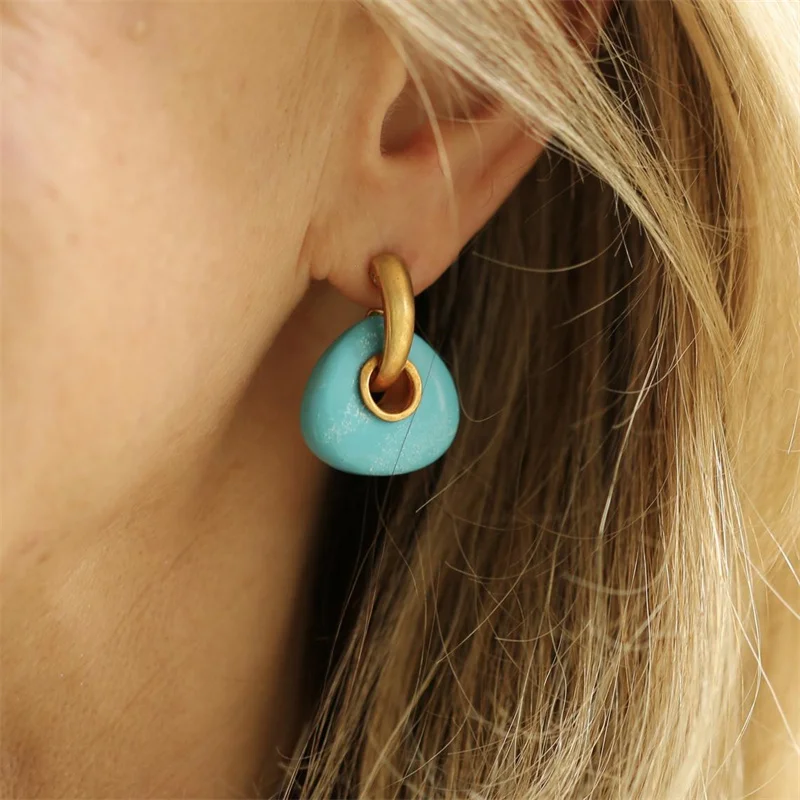 

Bohemian Creative Triangle Turquoise Earrings European and American Popular Gold and Silver Inlaid Natural Stone Earrings