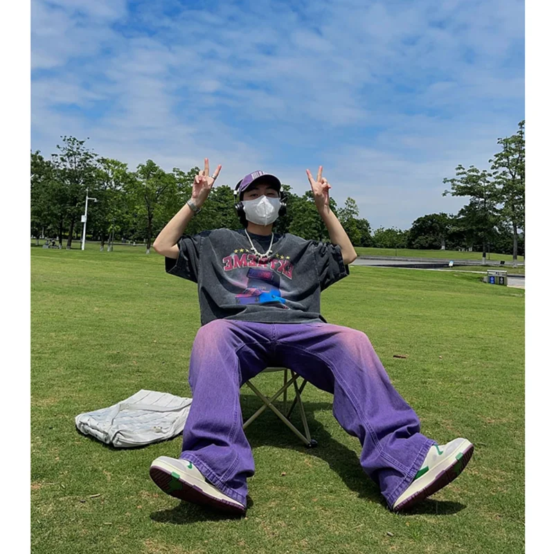 Streetwear Men 2022 New Style Recreational Comfortable Purple Jeans Loose Temperament Versatile Wide Leg Mop Pants Autumn Female