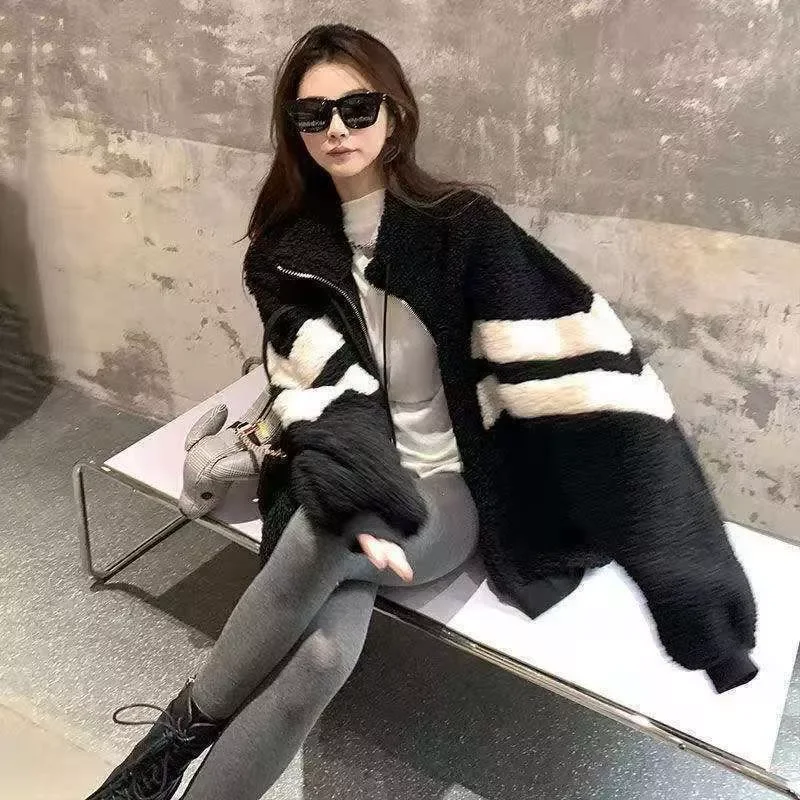 

Новое черно-белое пальто из овечьей шерсти, подходящая по цвету куртка bigh с воротником-стойкой для мужчин и женщин, новинка 2022, осенне-зимняя...