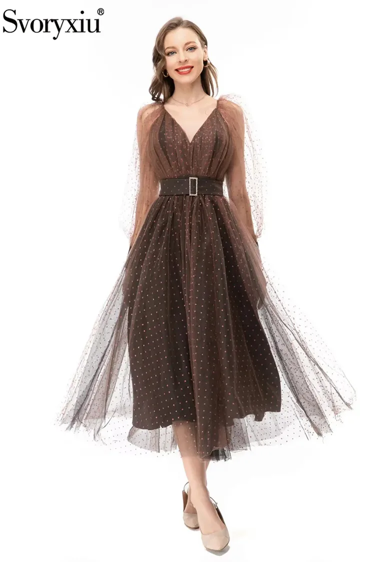 

Svoryxiu Spring Summer Designer Fashion Vintage Gauze Polka Dots Midi Dress Women Lantern Sleeve Sequin Sashes High Waist Dress