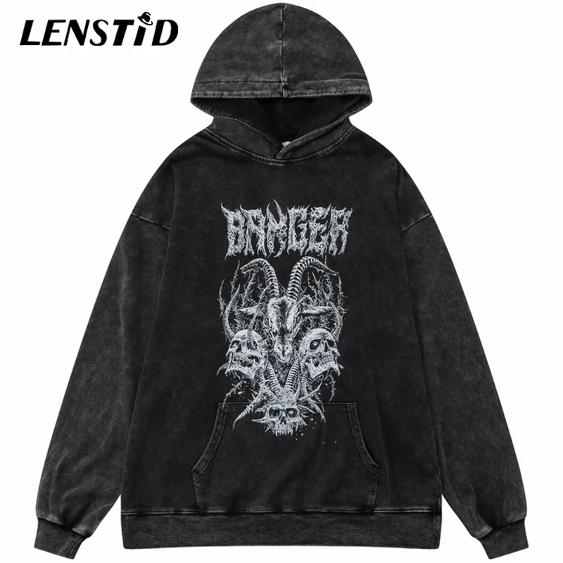 

LENSTID Autumn Men Washed Pullover Hoodies Hip Hop Skull Goat Print Vintage Streetwear Harajuku Casual Cotton Hooded Sweatshirts