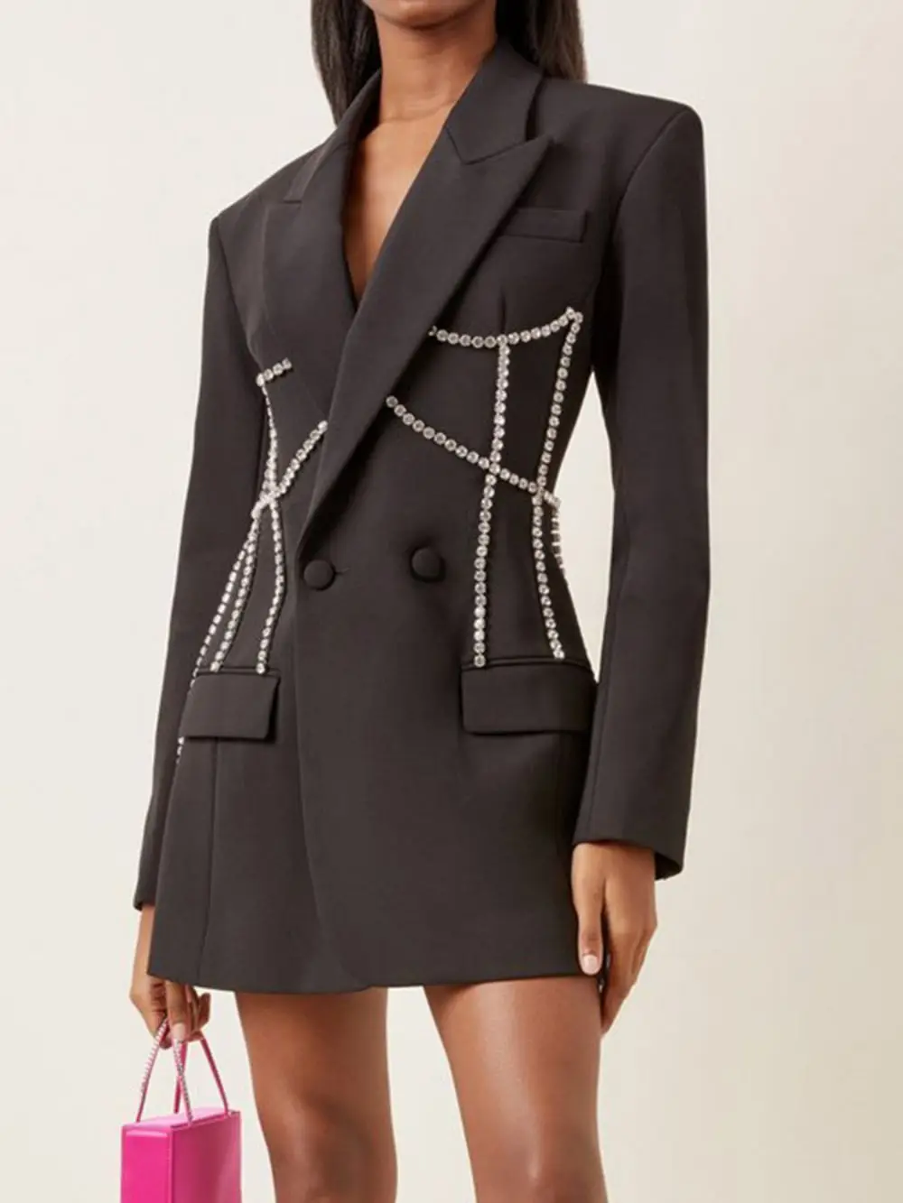 Fashion Women's Blazer Crystal Chain Design New Notched Long Sleeves Solid High Waist Slim Suit Jackets Female пиджак женский