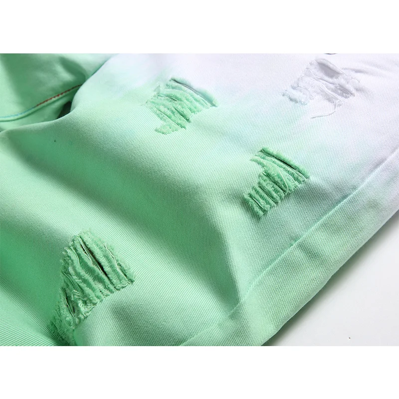 Mens Shorts Fashion Hole Gradient Grass Green Jeans Summer Knee Length Denim Pants Ropa Hombre