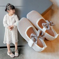 kids fashion non slip bow cute mary janes square toe children 2022 summer solid pink pu mesh hollow princess sandals all match