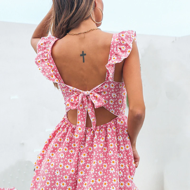 

Sexy Backless lace-up floral print Dress Women SUMMER Dress 2022 new Sweet Square Neck Ruffle Short Flying Sleev Slim Mini Dress