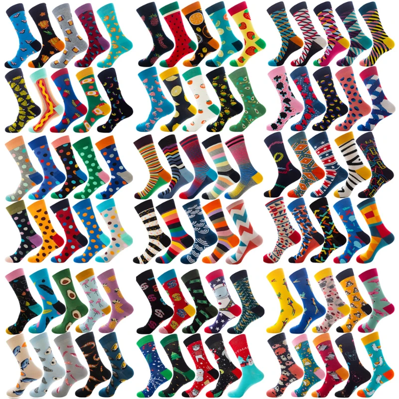 10 Pairs/Pack Colorful Happy Men's Funny Socks Cotton Harakuju Women Couple Socks Cartoon Food Dot Stripe Oil Painting Geometric