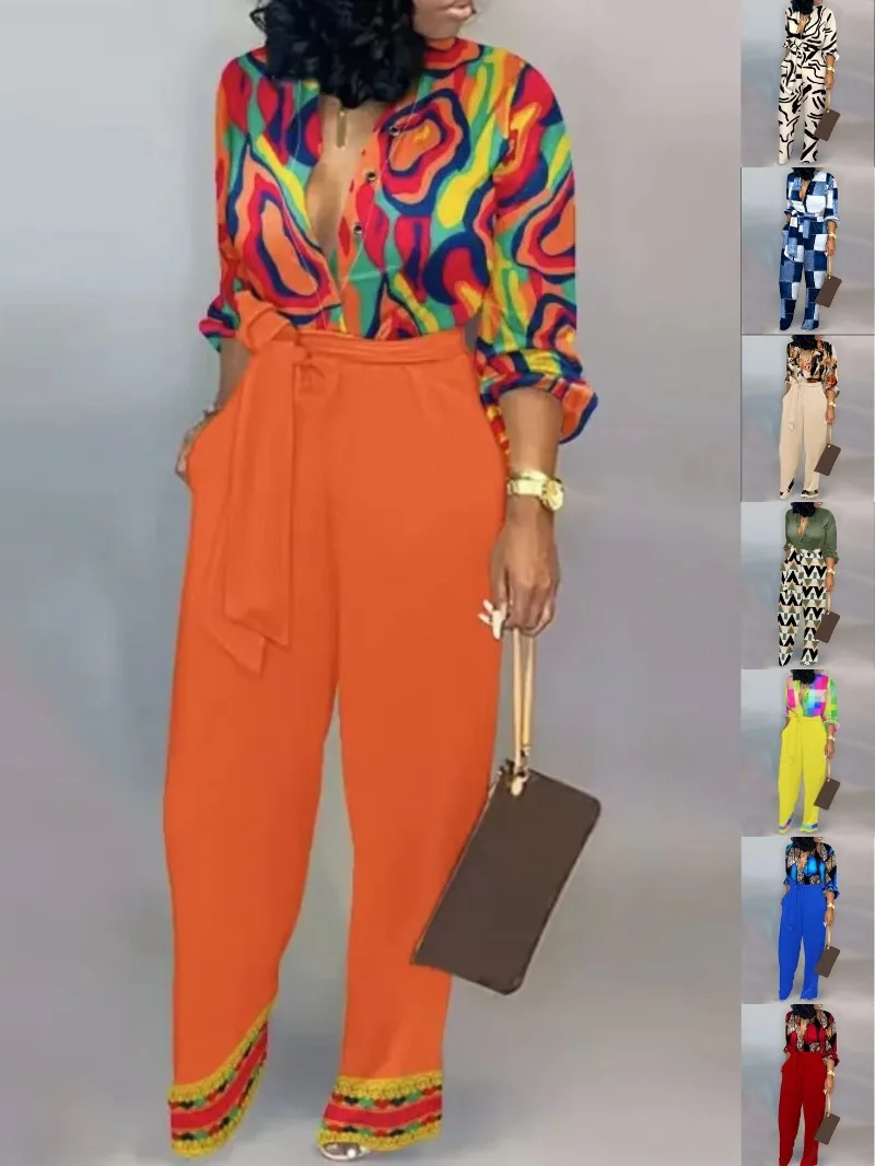 

Женская одежда, рубашка с V-образным вырезом, Модный комбинезон с принтом, комбинезон с высокой талией и длинным рукавом, комбинезоны, пикантные летние брюки