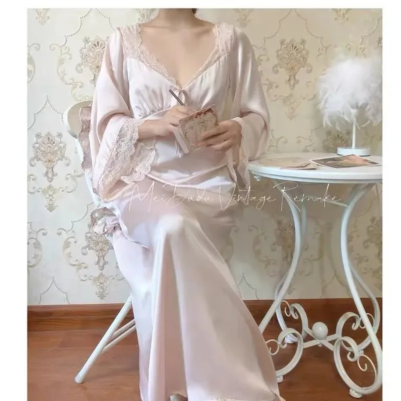 QWEEK Satin Nightgown Elegant Fairy Dresses Women Autumn Sleepwear Lace Nightwear Long Sleeve Vintage Nightie Sexy Gown Vestidos
