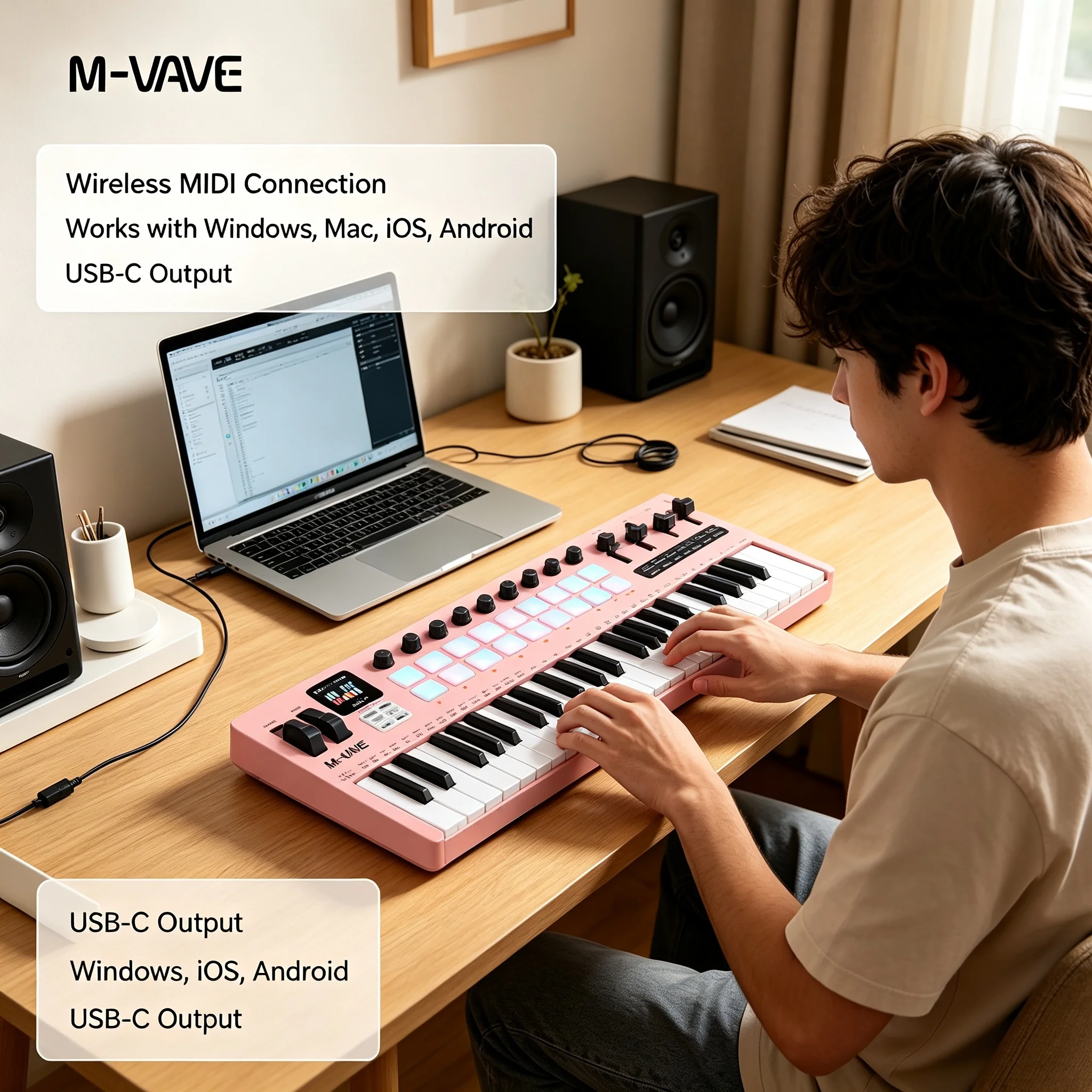 Фото M-VAVE SMK-37 PRO 37-клавишная портативная MIDI-клавиатура с 16 RGB-пэдами, 8 регуляторами, FM-модулем DX-7 и Bluetooth 5.0 №3
