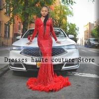 new arrival red seuqins long sleeve mermiad prom dresses 2022 for black girls feathers evening gowns robe de soiree