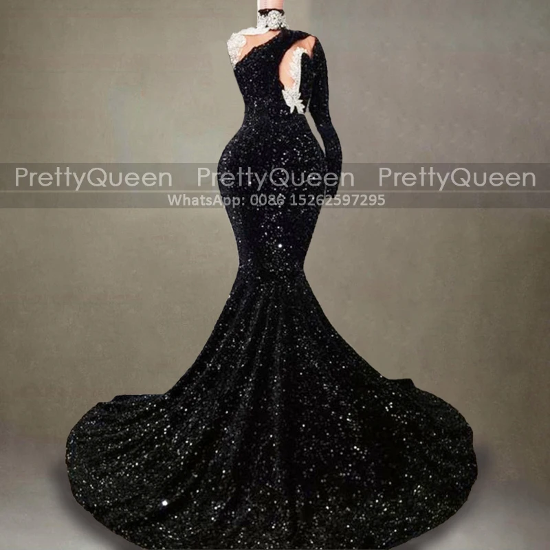 

Черные вечерние платья с блестками с одним длинным рукавом, бусинами, аппликацией, высоким воротником, юбкой-годе, шлейфом, облегающее платье для конкурса, женское платье