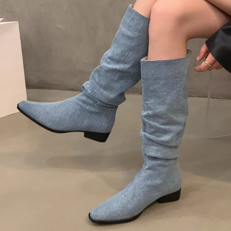 

Shoes for Women 2023 Hot Sale Slip on Women's Boots Winter Pointed Toe Solid Flock Concise High Boots Low-heeled Shoes Women
