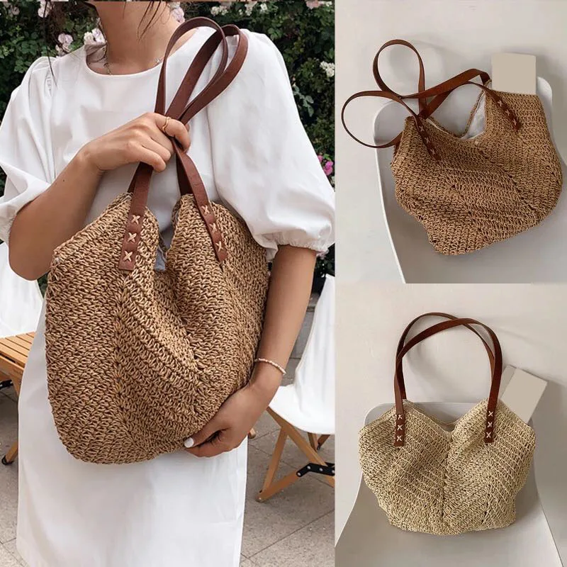 2022 Fashion Women Straw Shoulder Bag Bucket Aesthetic Tote Bag Summer Casual Beach Woven Handmade Weaving Handbag Accessories