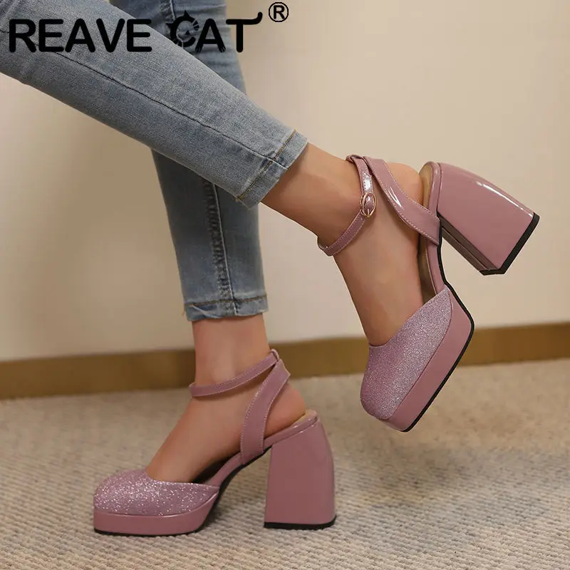 

REAVE CAT Patent Leather Lady Sandals Square Toe Ultrahigh Heel 10.5cm Platform Buckle Strap Fashion Dating Shoes Big Size 49 50