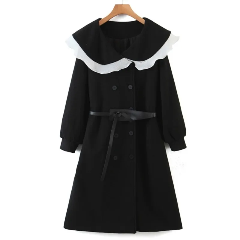3XL Good Quality Trench Coat Women Plus Size 2022 Autumn Winter LadyStyle Ruffled Preppy Style Double-Breasted Belt Outewear