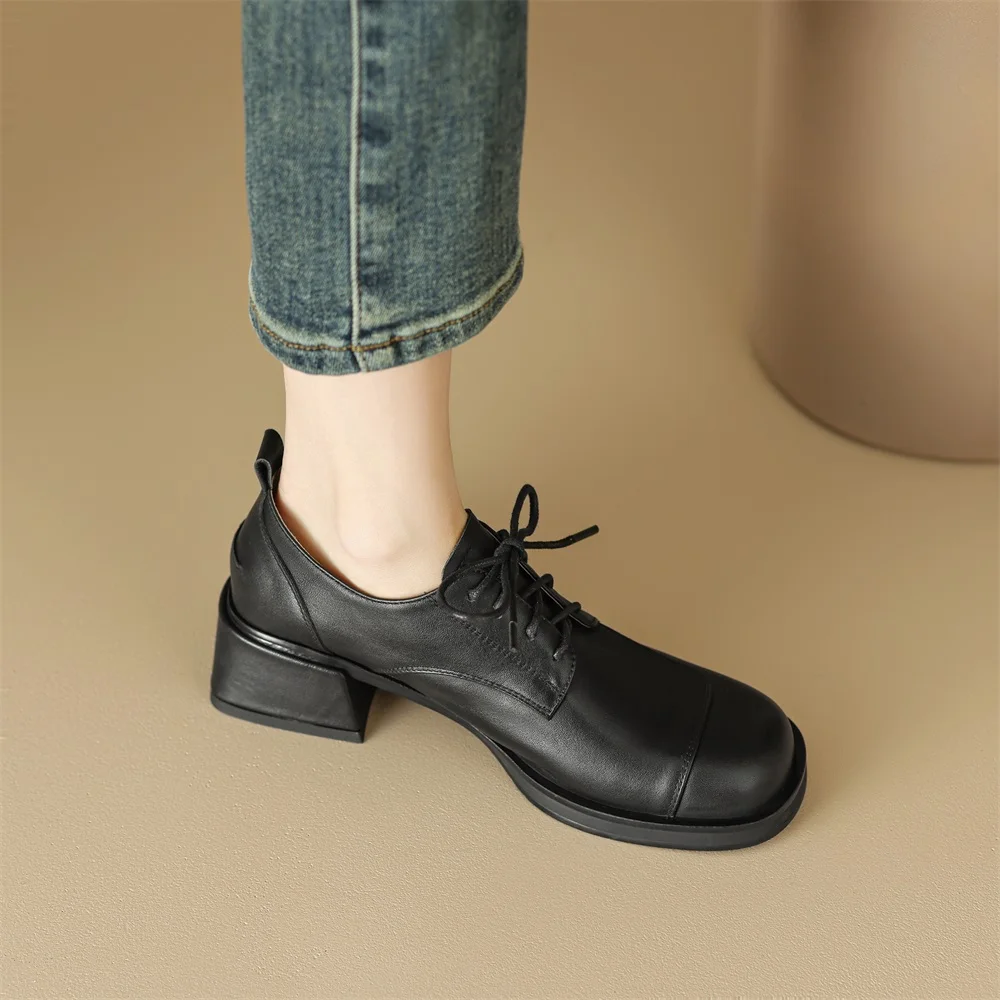 Cialisa Genuine Leather Women's Pumps 2023 Spring Vintage Round Toe High Quality Female Shoes Mid Heels Lady Footwear Black New