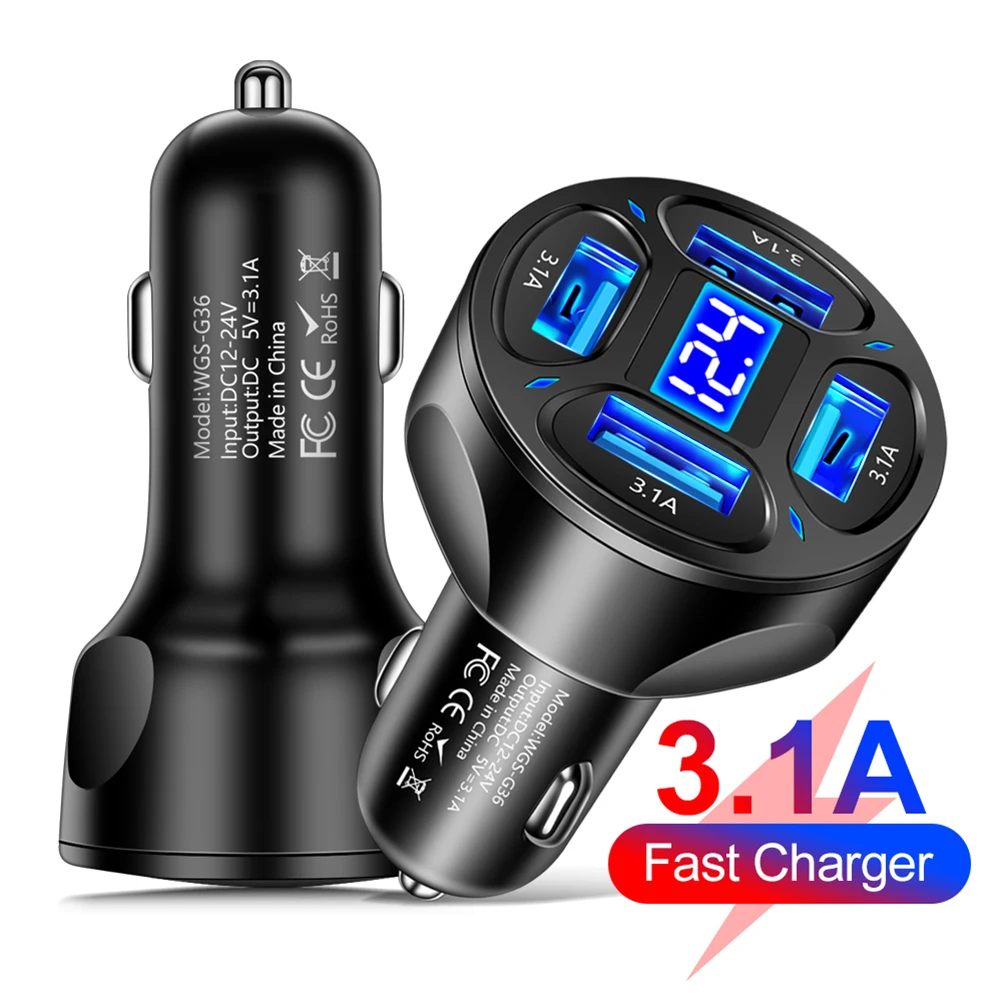 

4Ports Auto Charger Adapter LED Display 3.1A Fast Charging Accessories Mini Car Mobile Phone USB Charger Adapter For Huawei