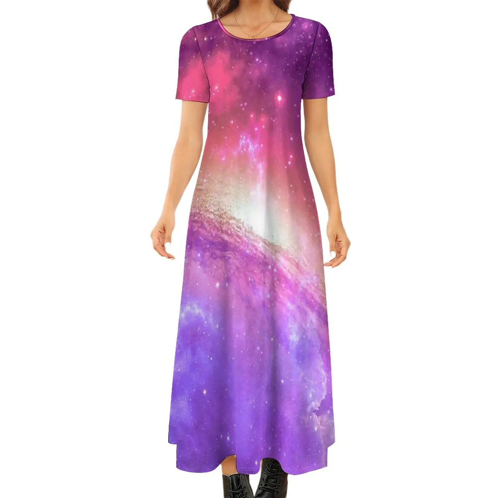 

Colorful Purple Galaxy Dress Watercolor Stars Print Cute Maxi Dress Short Sleeve Bohemia Long Dresses Print Oversize Vestidos