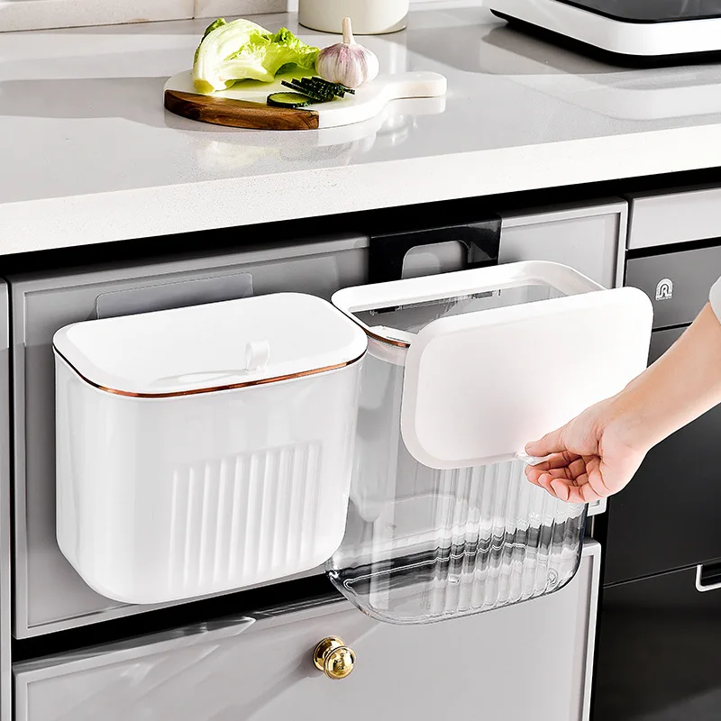 

8/11L Hanging Trash Can Wall Mounted Kitchen Trashs Bin Bathroom Garbage Basket with Lid Transparent Cabinet Door Trash Bins