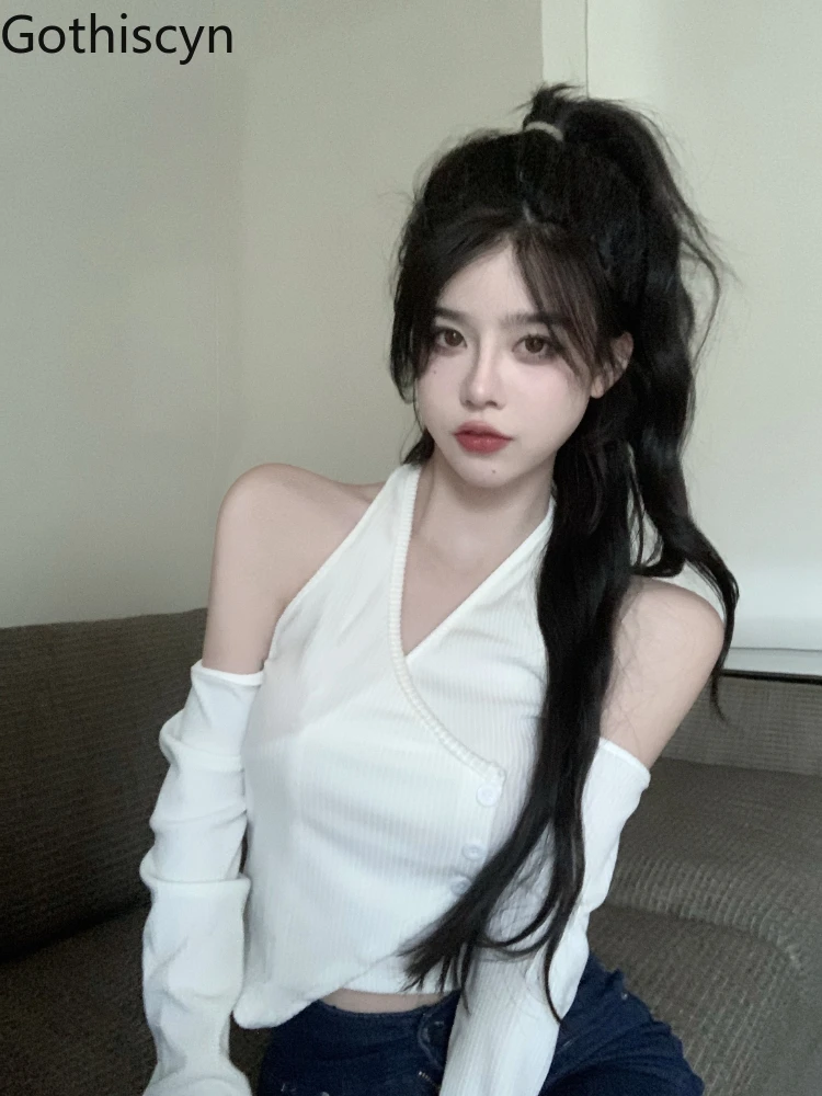 

Gothiscyn Hot Girl Sexy Halter Neck Off Shoulder Knitted Sweater Women Spring Summer 2022 New White Short Long Sleeve Top Y2K