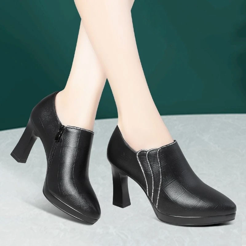 

Comfortable 6.5cm 8.5cm Deep Mouth Soft Leather Shoes Women's Pumps 2023 Fall Block High Heels Shoes for Office Model Mom