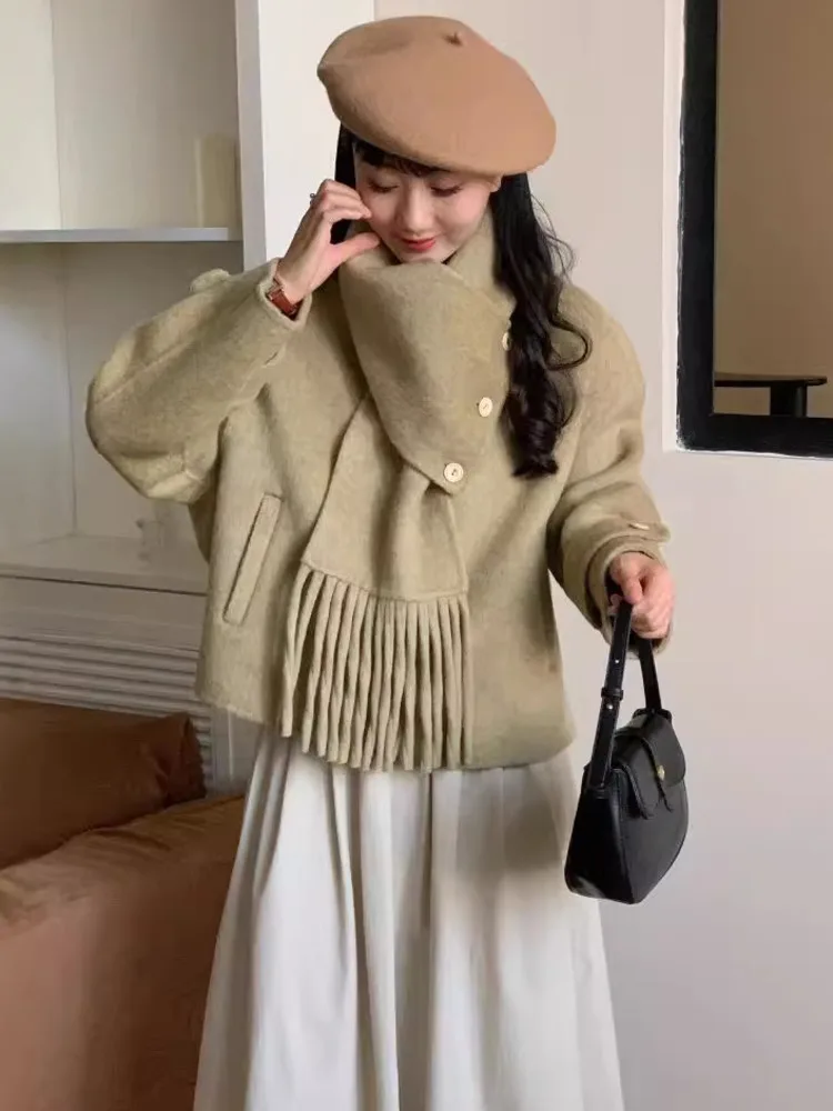 Двустороннее кашемировое пальто с шарфом и воротником