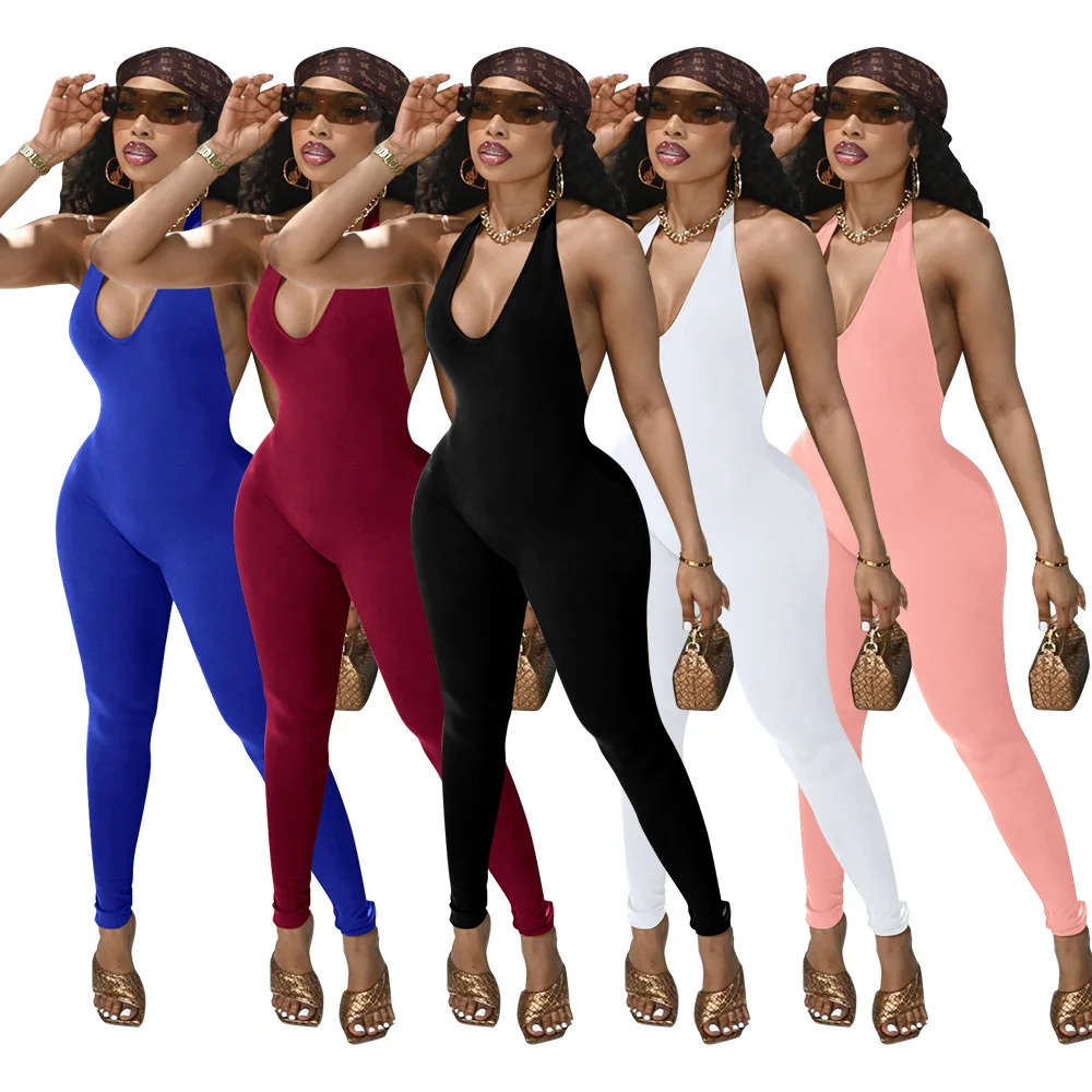

8128 New Summer 2022 Womens Fashion V-neck Sexy Bodycon Jumpsuit Hanging Neck Open-back Solid Leisure Rompers Womens Jumpsuit