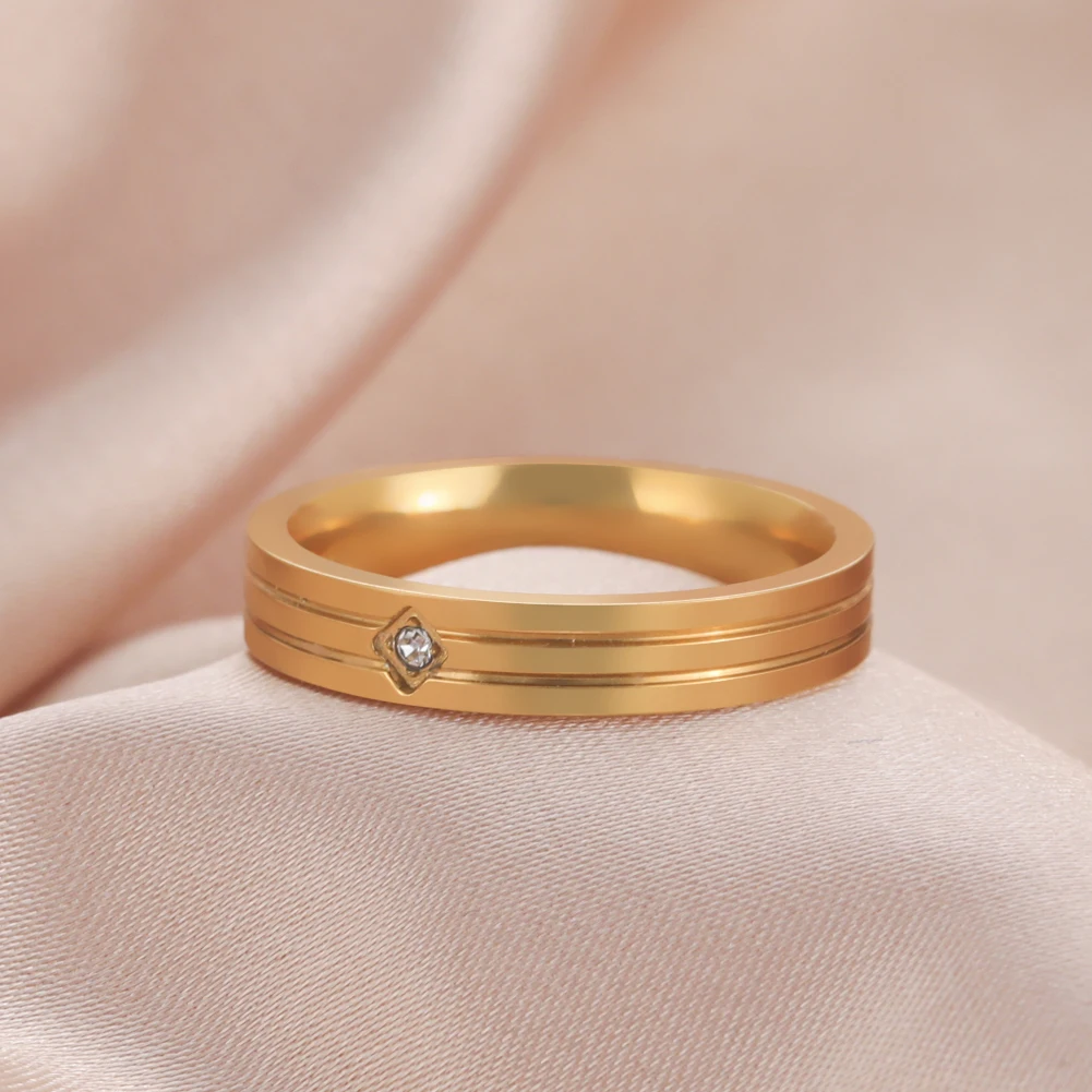 

Double Line Square Rhinestone Rings Women's Stainless Steel Rings Jewelry Wedding Momeny Gift for Lover
