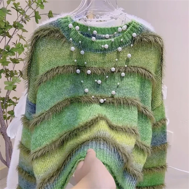 Мягкий липкий постепенно меняющий цвет свитер с бахромой для женщин осень и зима
