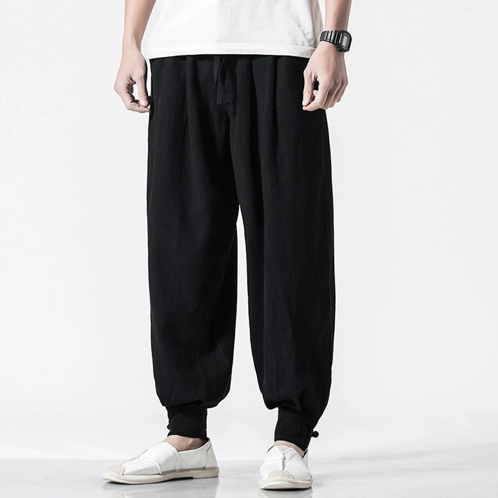 

Men New Cotton Linen Drawstring Harem Loose Elastic Waist Casual Pants Loose Lounge Trousers Solid Color Men’s Wide Leg Pants