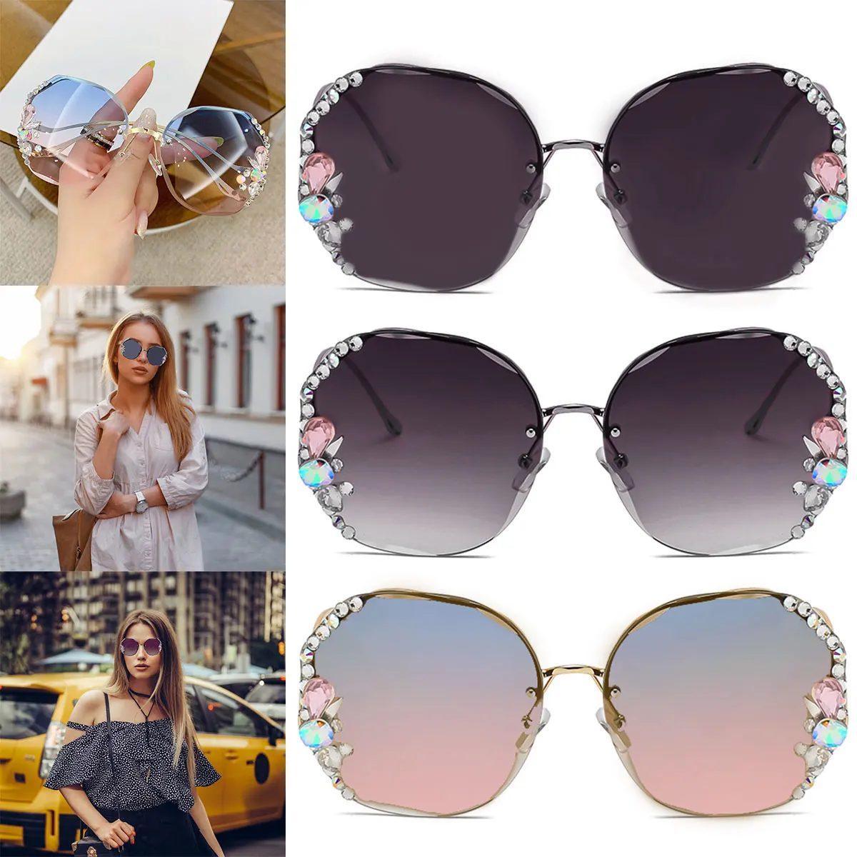 

Rimless Diamond Sunglasses UV400 Protection Rimless Vintage Sun Glasses Rimless Gradient Sun Glasses Rhinestone Retro Sunglasses