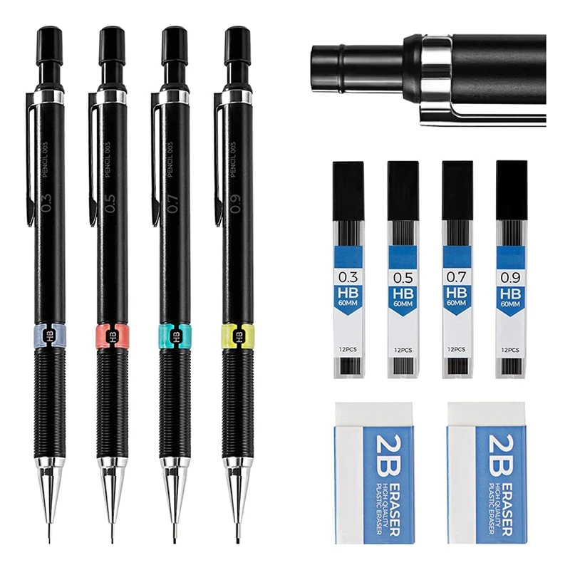

Mechanical Pencil Set 0.3 & 0.5 & 0.7 & 0.9Mm,Automatic Pencil,4 PCS With Erases And Lead Refills For Students Writing