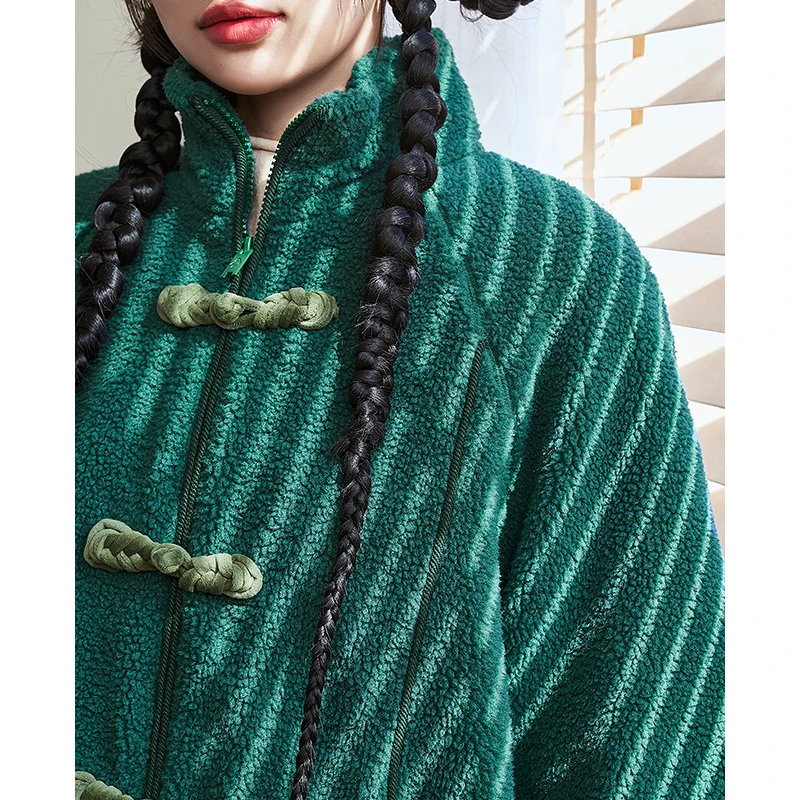 Toyouth Women Thick Plush Coat 2022 Winter Long Sleeve Stand Collar Loose Jacket Vintage Buttons Design Green Warm Outwear Tops