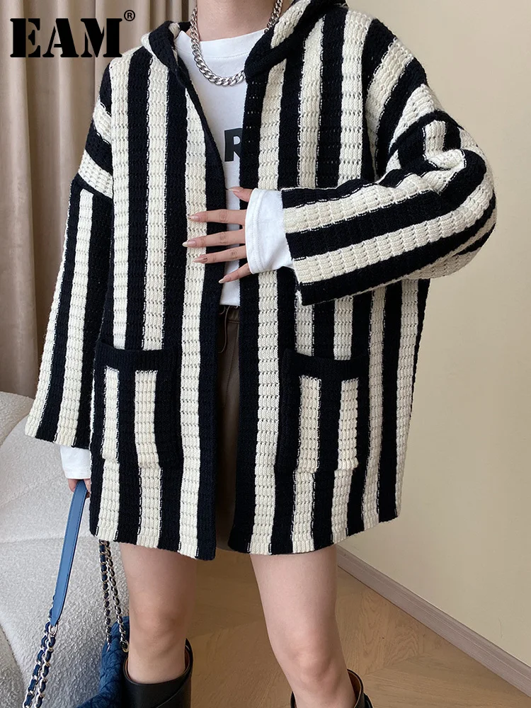 

[EAM] Stripe Long Big Size Knitting Cardigan Sweater Fit Hooded Long Sleeve Women New Fashion Tide Spring Autumn 2023 1DH1804