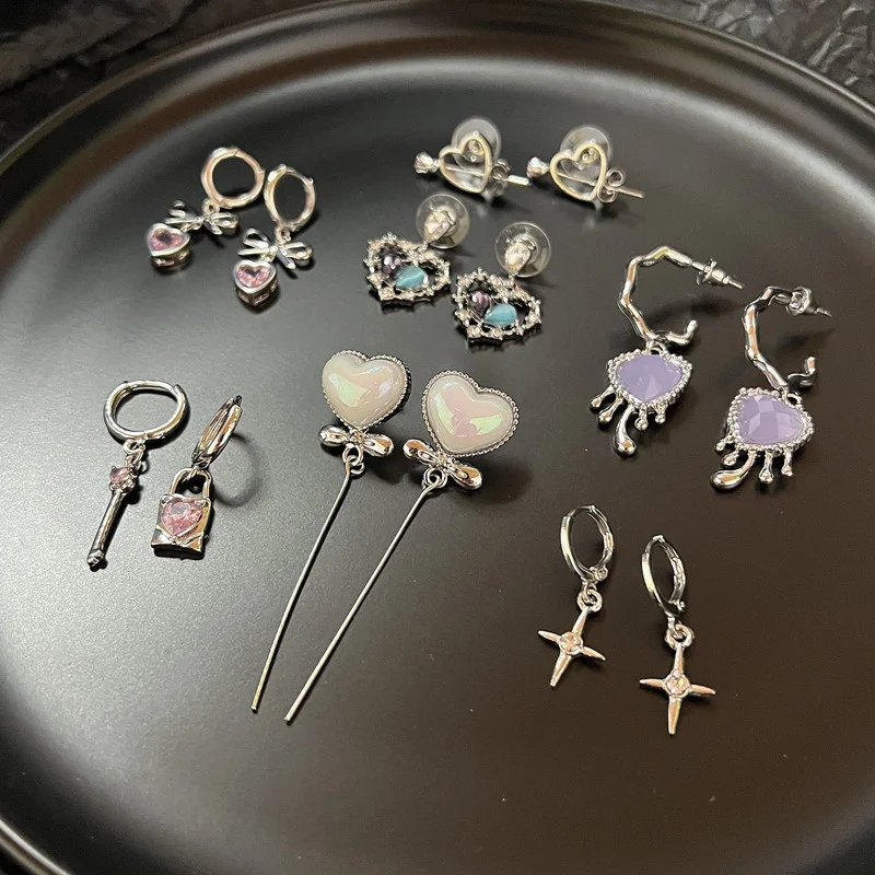 

New Exquisite Inlaid Zircon Tassel Heart Stud Earrings Temperament Long Multilayer Chain Rhinestone Bow Butterfly Earrings