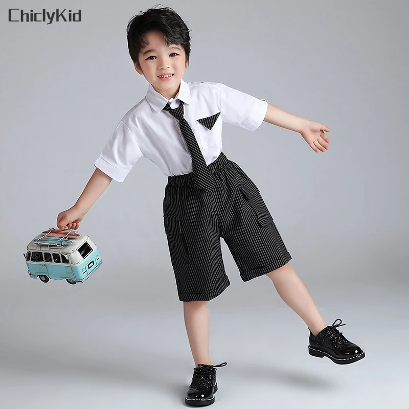 

Boys Summer Short Sleeve Shirt Cargo Shorts Formal Dress Kids Stripe Clothes Sets Child School Uniform Toddler Tuxedo Costumes