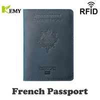 kemy genuine leather passport cover designed for france crazy horse leather card holder business bilingual passport case
