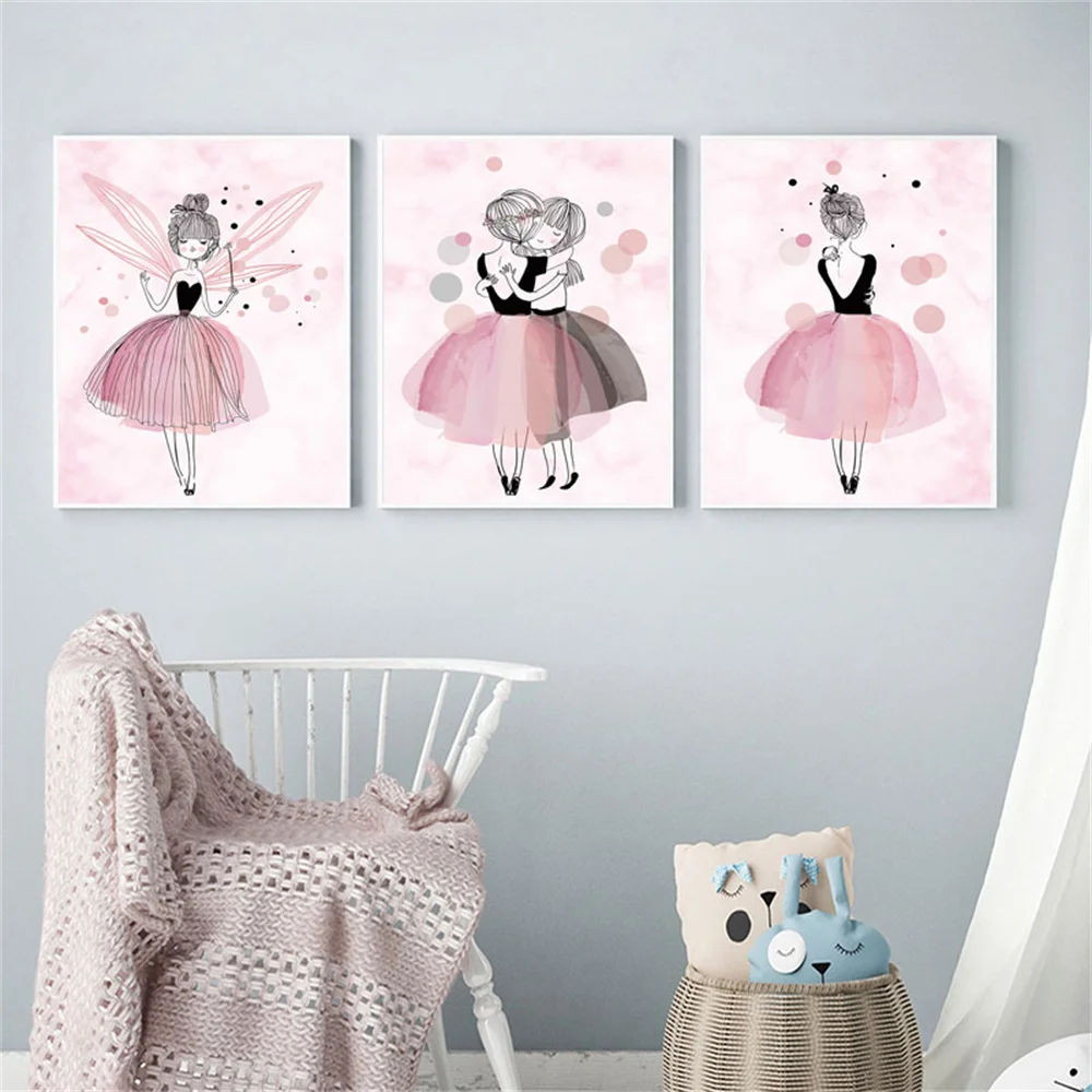 

Pink Girls Room Wall Art Poster and Print Girls Dancing Canvas Painting Nursery Nordic Pictures for Kids Room Bedroom Home Decor