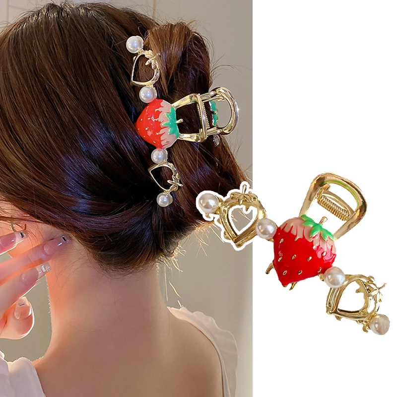 

Sweet Pearl Fruit Strawberry Claw Clips Women's Fashion Big Hair Clip for Thick Hair Grab Shark Metal Hairclips Clamp Haar Clip