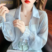 summer new 2022 korean solid color bow lacing long sleeve suncreen chiffon shirt women loose wild air conditioning blouses tops