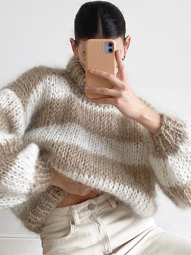 

Autumn Winter Elegant Turtleneck Striped Knitted Sweaters for Women Fashion Elastic Pullover Thicken Jumper Cashmere Sweater