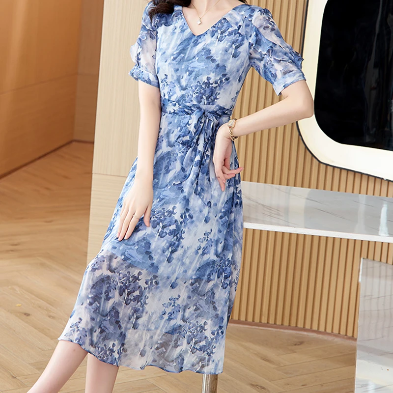 Летнее женское шикарное шифоновое платье с цветочным принтом и v-образным