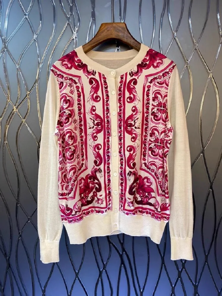 

New 2023 Summer Fashion Tops Coats High Quality Women Vintage Prints Wool Knitted Silk Patchwork Long Sleeve Casual Cardigan Top